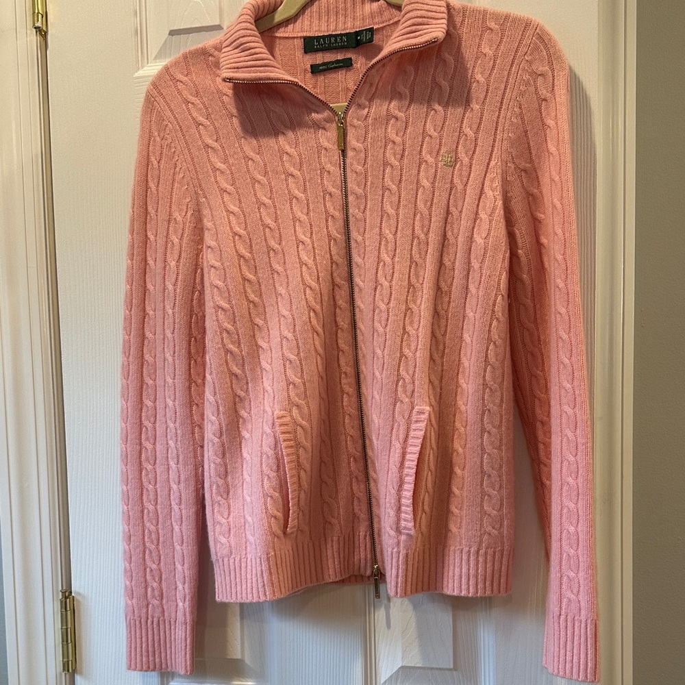 Ralph Lauren Pink Zip-Up Cashmere Cable Cardigan